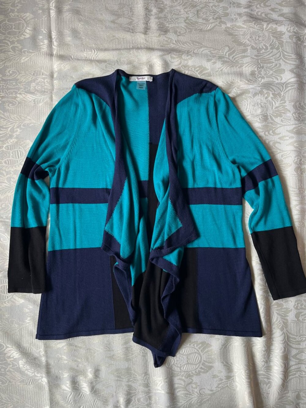 Tanjay Petite Colorblock Drape Front Open Cardigan Sweater Size PM Blue Teal